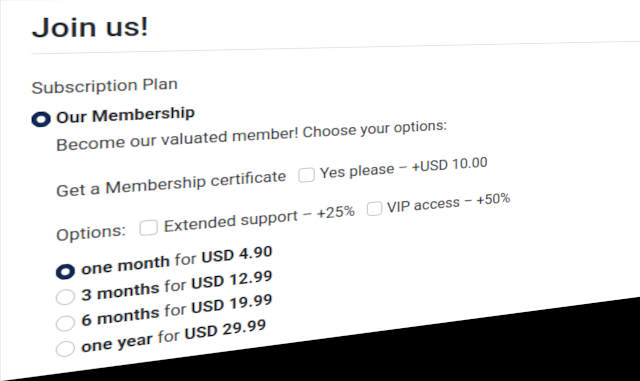 Image of new CBSubs Options plugin in action: A single user subscription plan, with 4 different prices and duration for 1, 3, 6 and 12 months duration, and two options, one for getting a membership certificate for an additional 10$, and a multi-select option proposing extended support for 25% extra and VIP access for 50% extra