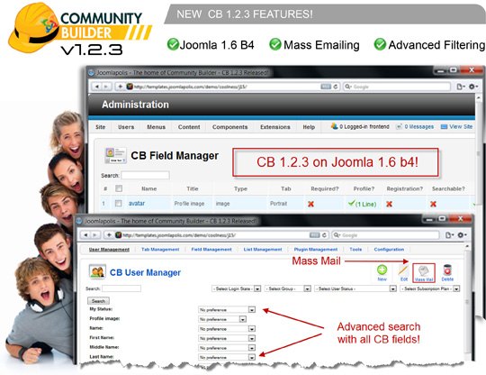 CB 1.2.3 screenshots of CB 1.2.3 now running on Joomla 1.6 beta 4 and of CB users manager with advanced search and mass mail function.