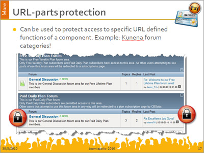 Ability to protect any URL part and require subscription to access. Use this method to give or revoke specific component privileges (e.g., only subscribers can access URL part to send private message or post forum thread).