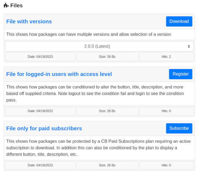 Screenshot of Package Builder 7.0.0 downloads with a file with multiple versions, a file for logged in users with access level, and one for paid subscribers