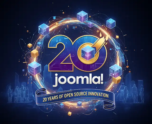 Celebration graphic with text: Joomla! - 20 Years of Open Source Innovation
