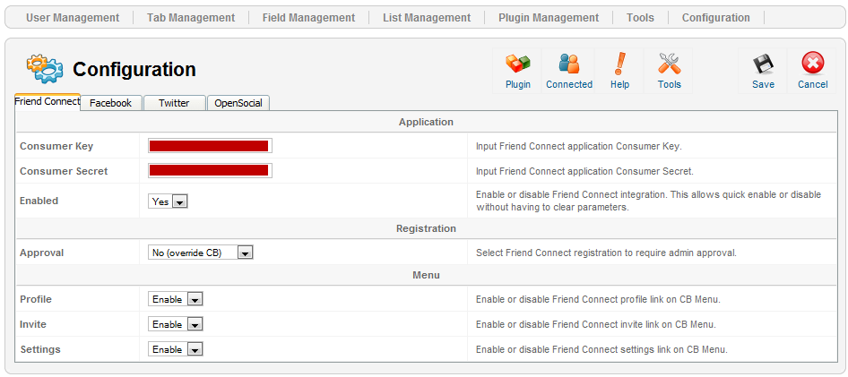 Friends Connect Configuration CB User List